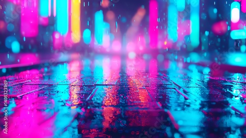 Vibrant neon reflections on wet pavement at night.
