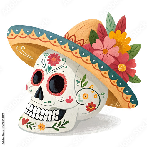 Colorful skull wearing a sombrero in festive Cinco de Mayo style, decorated with traditional floral and folk art patterns, isolated on transparent background PNG.