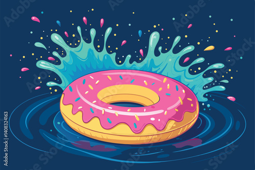 Vibrant neon pink pool floats bob on water, splashes erupt, creating an energetic summer scene.  A surreal, playful aesthetic.