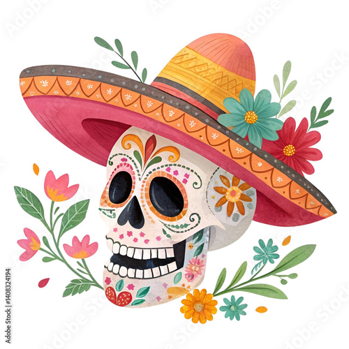 Colorful skull wearing a sombrero in festive Cinco de Mayo style, decorated with traditional floral and folk art patterns, isolated on transparent background PNG.