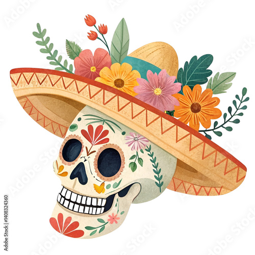 Colorful skull wearing a sombrero in festive Cinco de Mayo style, decorated with traditional floral and folk art patterns, isolated on transparent background PNG.