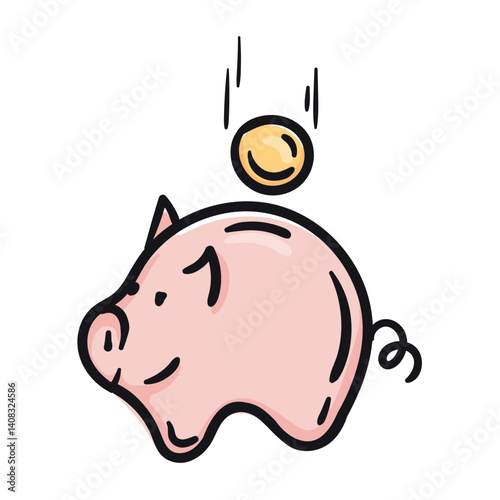 Piggy bank with coin. Vector hand drawn doodle illustration for print, sticker. Finances, wealth, savings, discounts and promotions icon