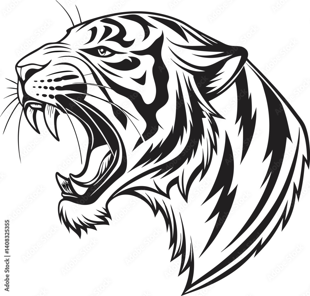 Obraz premium Roaring Tiger Head Tattoo-Inspired Line Art in Black and White