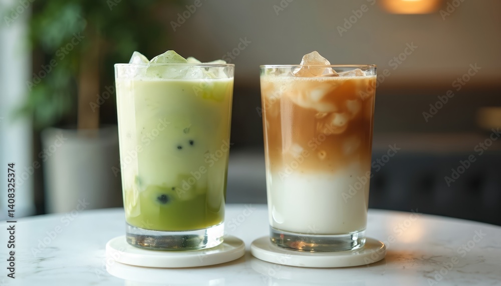Refreshing matcha and latte coffee drinks with ice. Cold beverages in stylish glasses. Green matcha and latte drinks. Summer refreshment for cafe, restaurant, healthy lifestyle theme. Refreshing matcha and latte coffee drinks with ice. Cold beverages in stylish glasses. Green matcha and latte drinks. Summer refreshment for cafe, restaurant, healthy lifestyle theme.
