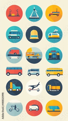 A collection of futuristic and diverse transportation icons.