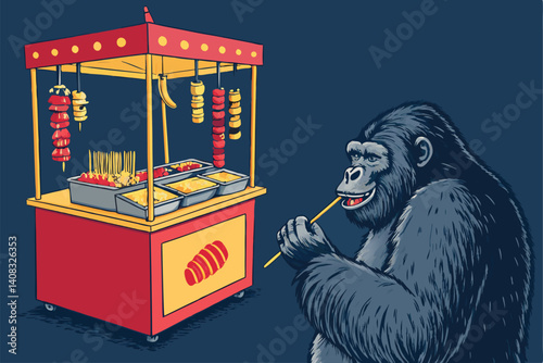 A large gorilla playfully interacts with a street food vendor, holding skewers of grilled meat at an outdoor food stall.