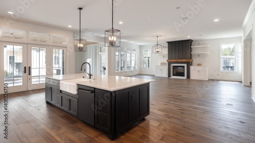Kitchen and living room interior in new farmhouse style luxury home with open concept floor plan. Features large island with farmhouse sink, hardwood floors, and black accents. 