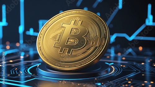 Bitcoin cryptocurrency, featuring its iconic golden coin with a sleek, 3D design, set against a dark blue or black background to represent the digital realm
