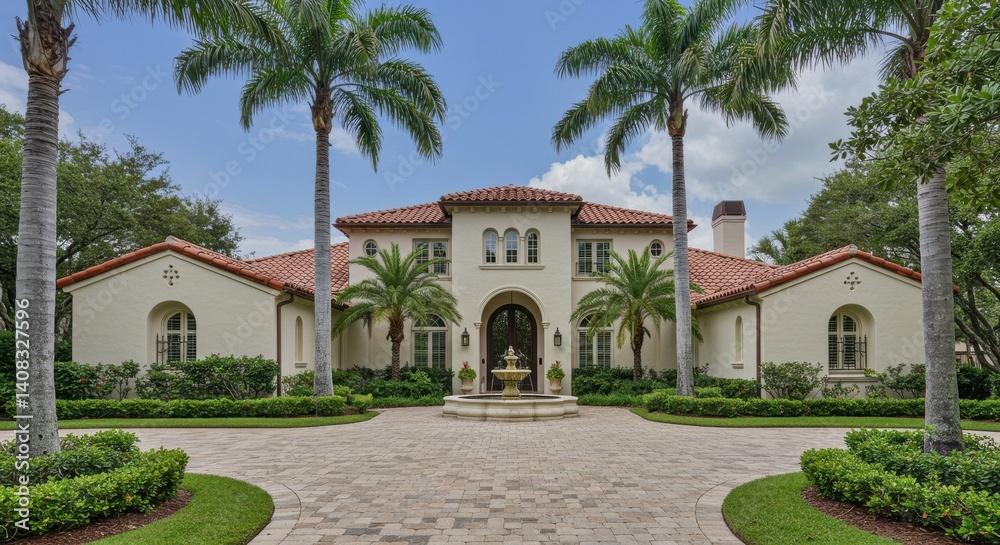 Obraz premium View of a luxurious mediterranean style house with a fountain and palm trees in the front yard