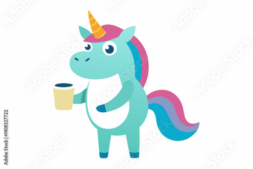 playful grumpy unicorn with coffee cup cartoon wh.