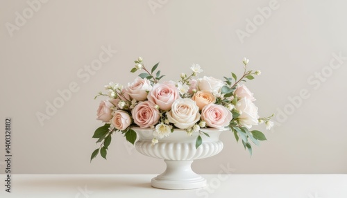 The graceful lines of the white urn complement the organic forms of the pastel flowers, creating a harmonious composition.