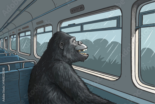 A majestic gorilla, casually dressed, sits by a train window, gazing pensively at the passing landscape.  The train is vintage-style.