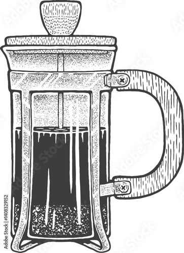 French press, Detailed hand-drawn vector sketch with stipple shading style.