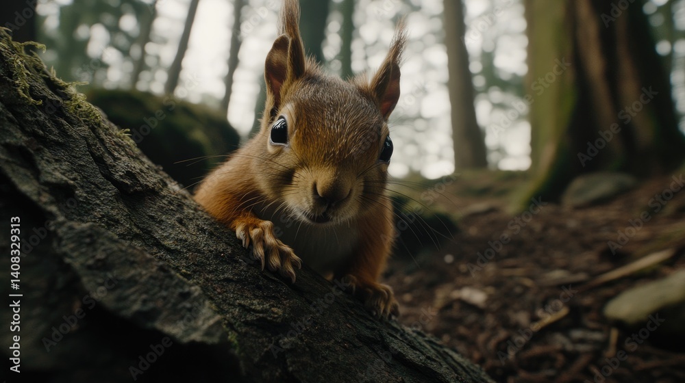 Obraz premium A curious red squirrel peers from behind a weathered log in a forest.