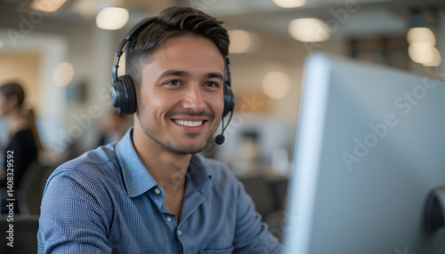 A friendly customer service representative wearing a headset smiles while working at his computer, ready to assist customers with their inquiries.