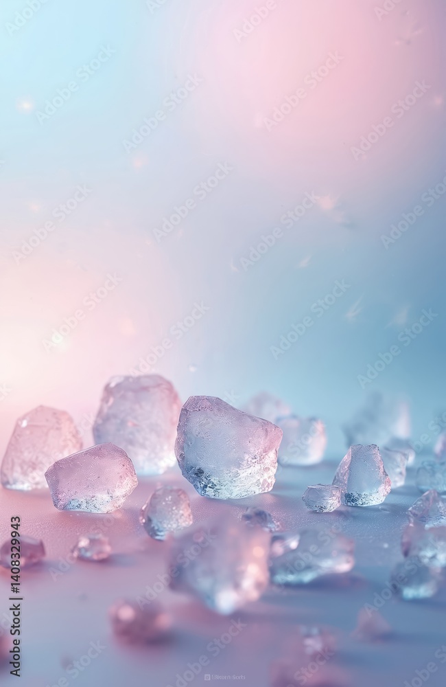 Fototapeta premium Macro photo ice crystals on light blue, pink background. Transparent water drops. Winter season background, frosty icy pattern. Cold, snow, abstract artistic composition. Seasonal, holiday design,