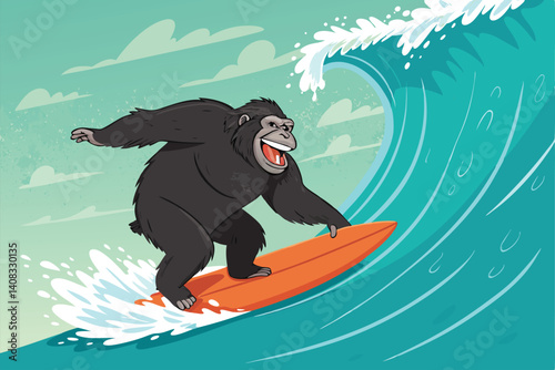 A smiling gorilla expertly surfing a massive ocean wave, joyful expression, dynamic pose, tropical background.