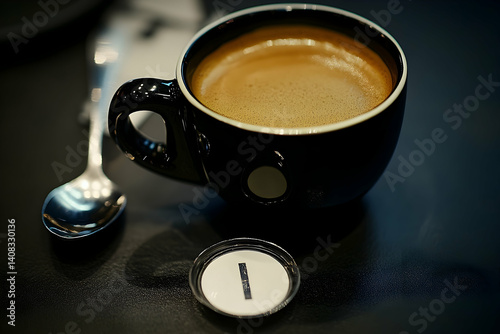 Dark espresso in a black ceramic cup. photo