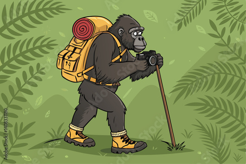A majestic gorilla, clad in hiking boots and a neck-mounted camera, confidently traverses a scenic trekking trail.