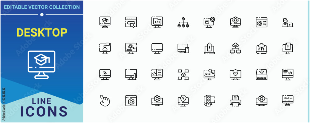 Desktop line icon. Contains related to device, technology, electronic, laptop, pc and more. Computer vector line icon set. Minimalist icons pack. Art and illustration. Desktop line icon. Contains related to device, technology, electronic, laptop, pc and more. Computer vector line icon set. Minimalist icons pack. Art and illustration.