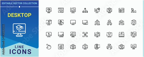 Desktop line icon. Contains related to device, technology, electronic, laptop, pc and more. Computer vector line icon set. Minimalist icons pack. Art and illustration.
