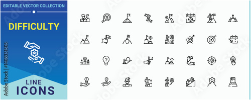 Difficulty simple icon set. Containing work, development, target, exam, performance, achievement. Challenge icon collection. Minimalist linear icons. Vector illustration.