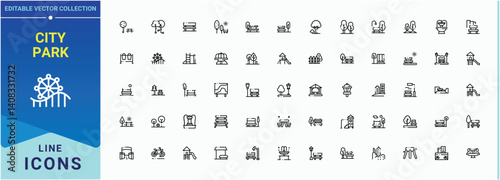 City Park icon set in linear style. Featuring city, cityscape, landscape, recreation, outdoor, town and more. Minimal linear icons. Town simple icon set. Editable stroke. Vector illustration.