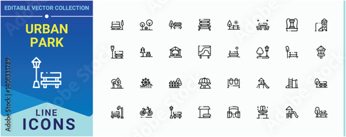 Urban Park icon. Contain linear symbols town, city, cityscape, landscape, land, house, urban and more. City Park line icon. Vector icons collection. Editable vector stroke.