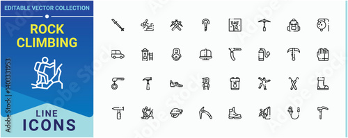 Rock Climbing icon set. Featuring hiking, camp, camping, mountain, activity and more. Climbing simple icon set. Minimalist icons collection. Pixel perfect. Editable vector.