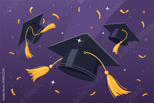 Joyful graduates toss their graduation caps in the air, celebrating their academic achievement.  A vibrant, celebratory moment.