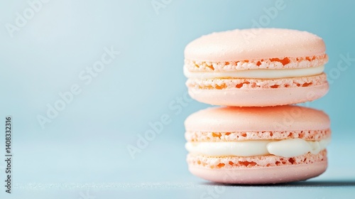   A few pink macaroons are perched together on a light blue background