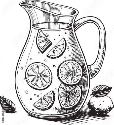 Lemonade Jug or Pitcher, Water with Lemon Summer Refreshment Drink Black and White Vector Illustration, Sketch Drawing Line Linear Symbol Icon Engraving, Hand-drawn Isolated