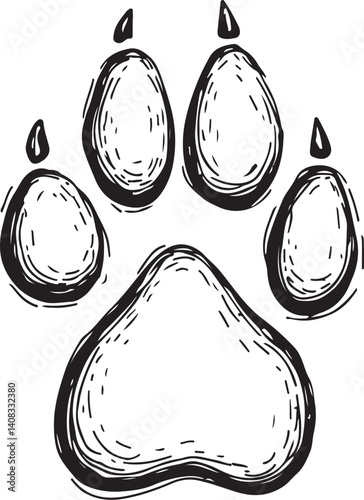 Dog Paw Bear Wild Animal Track Black and White Vector Illustration, Sketch Drawing Line Linear Symbol Icon Engraving, Hand-drawn Isolated