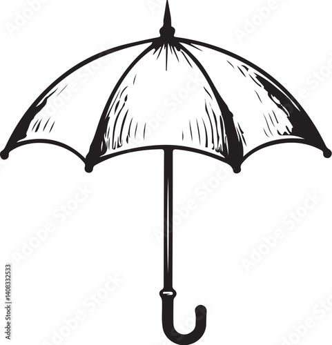 Umbrella Rain Rainy Weather Raining Black and White Vector Illustration, Sketch Drawing Line Linear Symbol Icon Engraving, Hand-drawn Isolated
