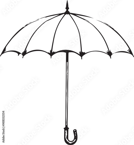 Umbrella Rain Rainy Weather Raining Black and White Vector Illustration, Sketch Drawing Line Linear Symbol Icon Engraving, Hand-drawn Isolated
