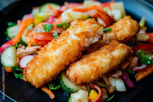 Crispy fish fillets are plated on a colorful mix of fresh vegetables, including cucumbers, carrots, and radishes, highlighting a healthy meal option enjoyed at midday
