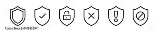 Safety protection shield flat outline icons set vector illustration. Isolated on transparent background. Editable stroke, pixel perfect