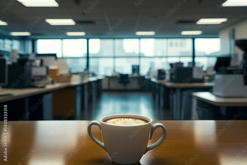 Empty office space with a steaming coffee cup on a desk. Empty office space with a steaming coffee cup on a desk.