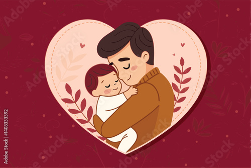 Heart-shaped frame enclosing a tender image of a father lovingly hugging his baby from behind.  Focus on the heartwarming bond.