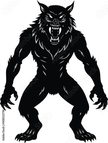 Silhouette Illustration of a Werewolf With Fierce Expression and Sharp Claws