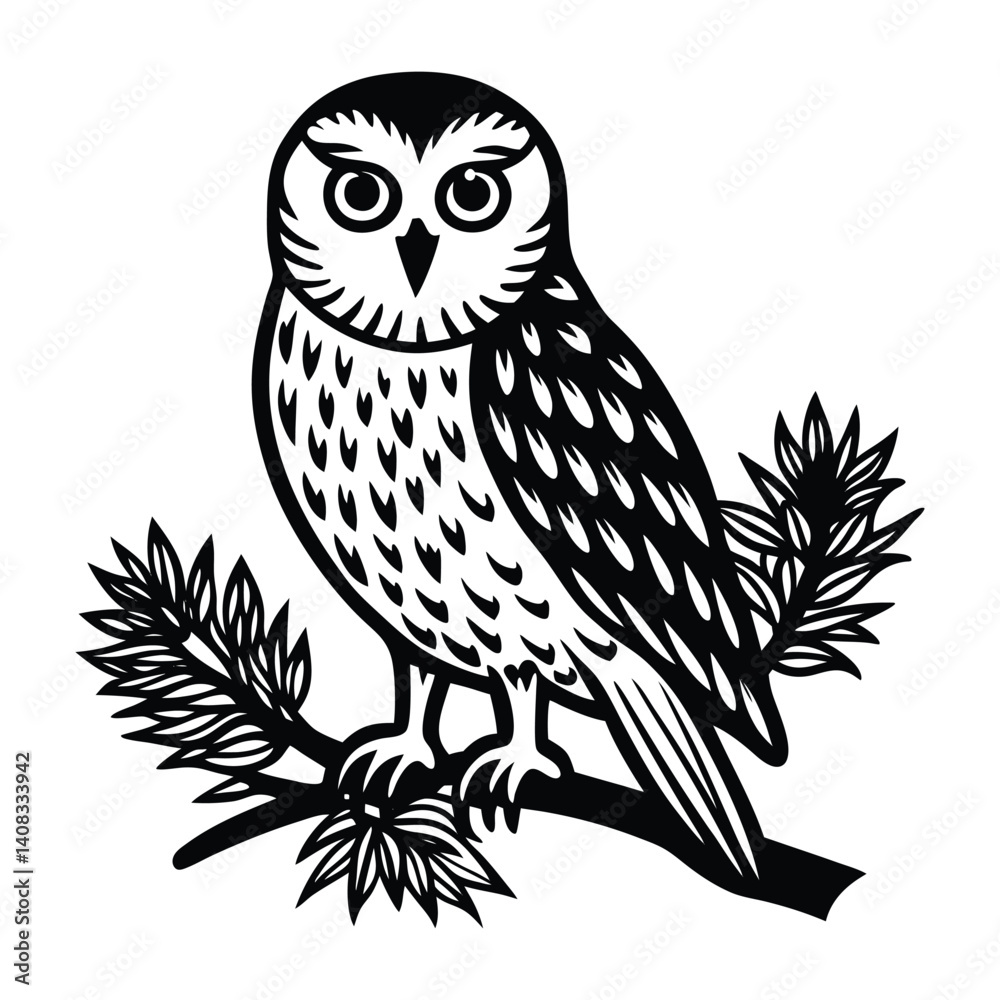 Obraz premium perched snowy owl on pine branch in tattoo style.