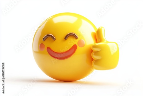 A yellow emoji with a thumbs up gesture and a happy smiling face on a white background surface view