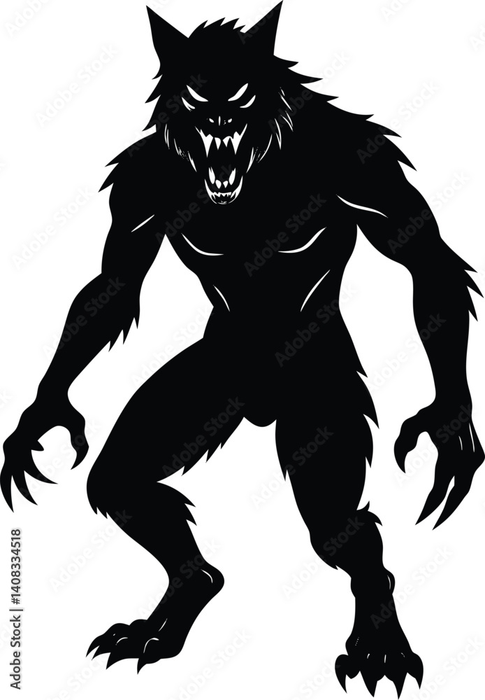 Fototapeta premium Silhouette Illustration of a Werewolf With Fierce Expression and Sharp Claws
