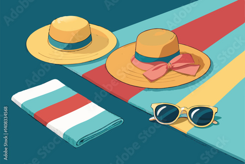 Create a horizontally oriented abstract artwork featuring stylized sun hats, emphasizing sun rays and vibrant summer colors.  Focus on texture and implied movement.
