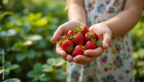 Child girl hands giving wild strawberries freshly picked berries in forest summer vacations seasonal harvest, vegan healthy food