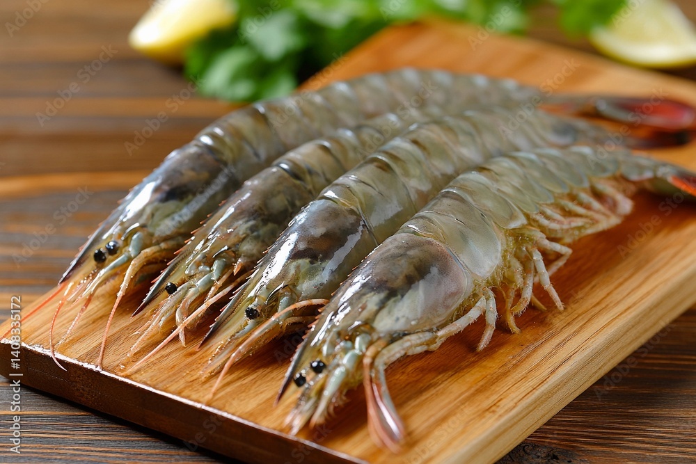 Large, fresh shrimp are arranged neatly on a polished wooden board, showcasing their glistening bodies and distinctive features, perfect for seafood lovers and culinary creations Large, fresh shrimp are arranged neatly on a polished wooden board, showcasing their glistening bodies and distinctive features, perfect for seafood lovers and culinary creations