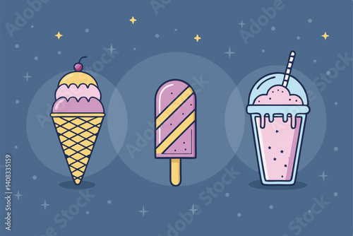 A whimsical illustration of an ice cream cone, popsicle, and slushie, rendered in a charming, abstract (ab) style.  Focus on vibrant colors and playful shapes.