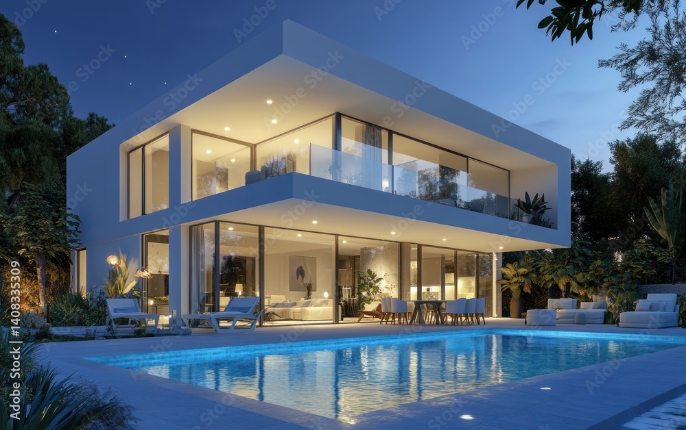 Fototapeta premium Luxury Modern Villa at Dusk: A Dream Home with Pool and Lush Landscaping