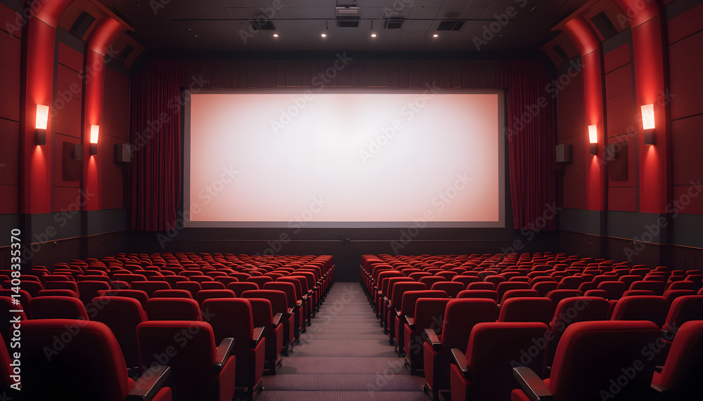 Fototapeta premium An empty modern cinema theater featuring comfortable red seats with an illuminated screen, evoking memories of the excitement and anticipation of movie experiences.