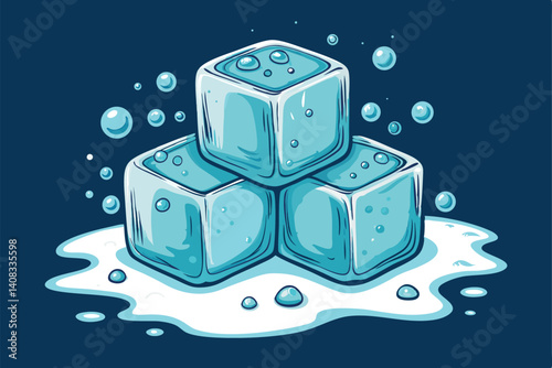 Create a bold, abstract image depicting the interplay of melting ice cubes and effervescent soda bubbles.  Emphasize texture and light.